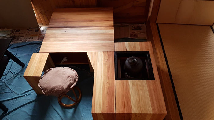 Ryurei tea ceremony table in sugi with the sunken hearth set into its edge