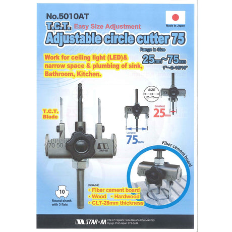 Star-M TCT Adjustable circle cutter 25-75mm - Drill Bits - Japanese Tools Australia