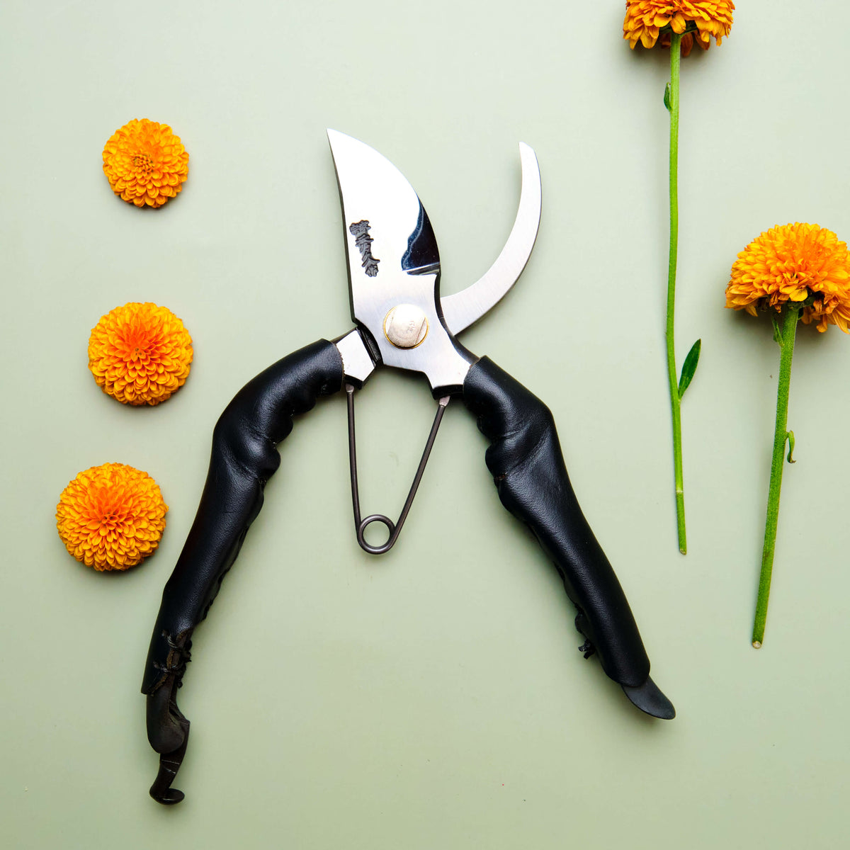 Handmade Japanese Black Leather Handled Secateurs - 200mm