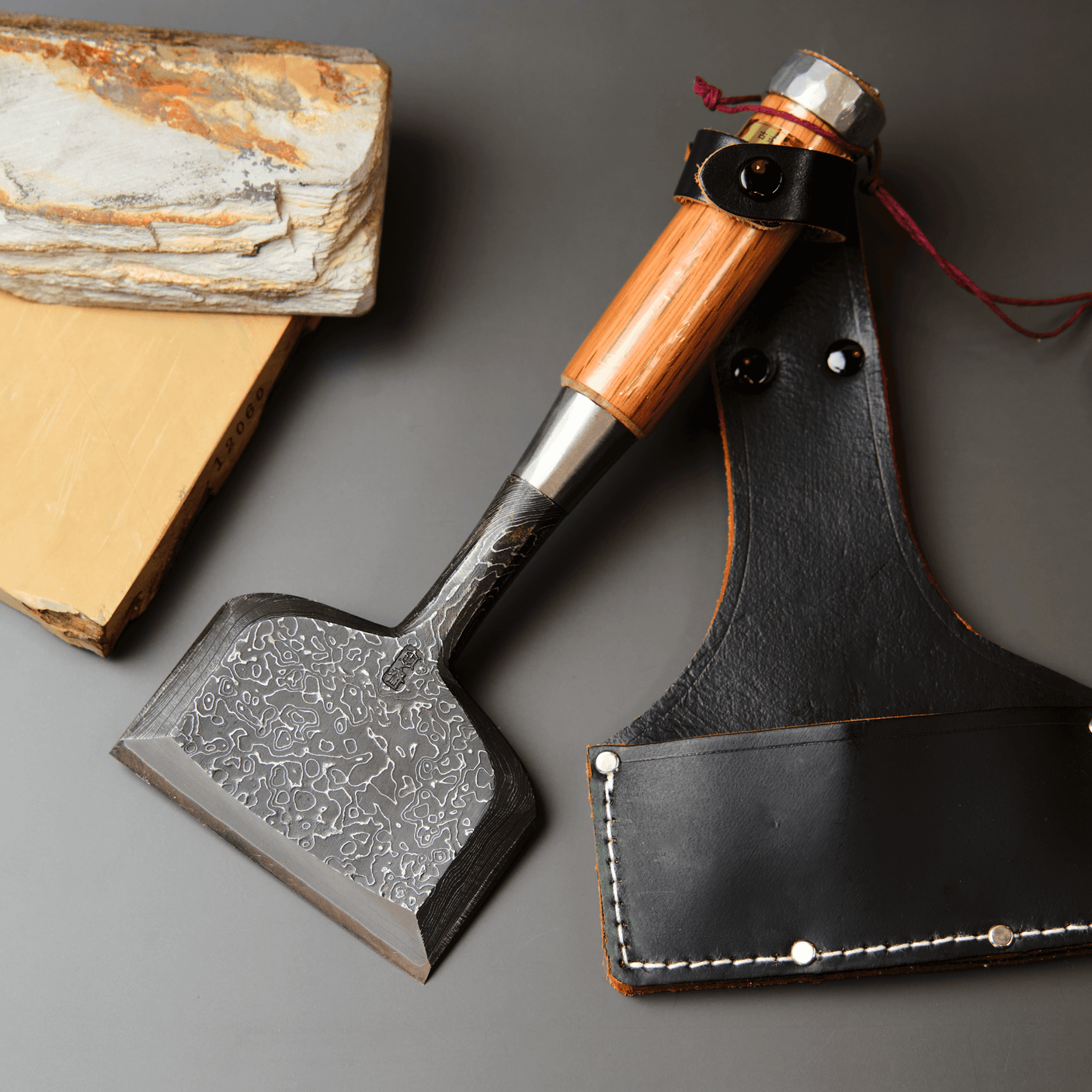 90mm Mokume Wakizashi with Leather Sheath by Tasai-san