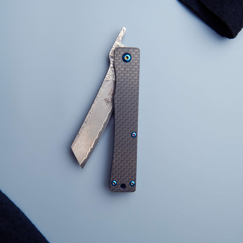 Traditional Japanese Damascus Folding Pocket Knife - Carbon Fibre Handle