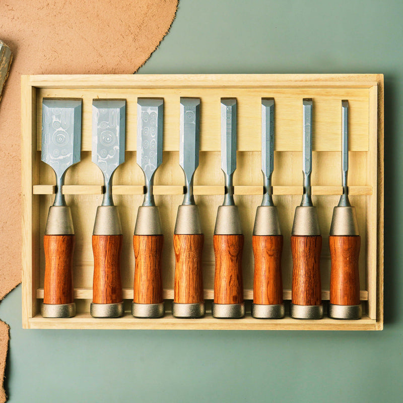 Damascus Tanryu Nomi Chisel - 8pcs set