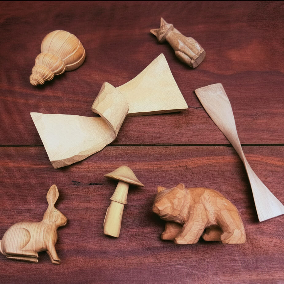 Wooden animal and shape toys on a wooden surface