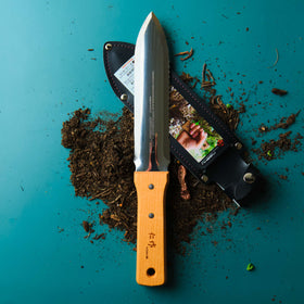 Nisaku Hori Hori Japanese stainless steel garden knife with wooden handle and vinyl sheath