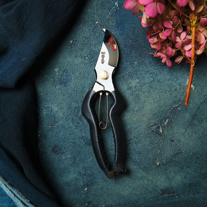 Handmade Japanese Black Leather Handled Secateurs - 200mm