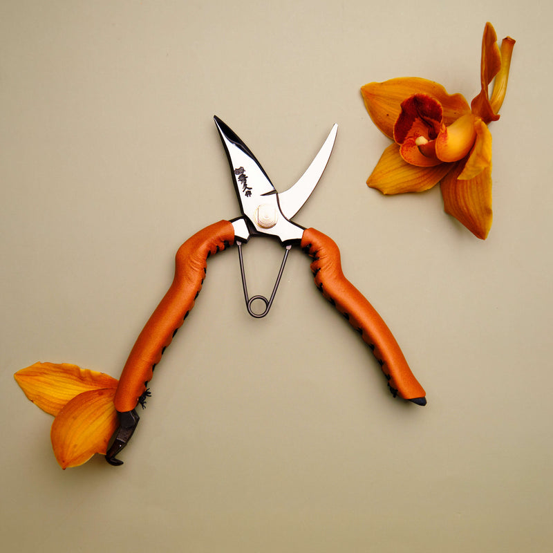 Handmade Japanese Tan Leather Handled Flower Snips - 190mm