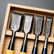Suminagashi Damascus Bench Chisel Set - Boxwood Handles