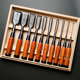 Suminagashi Damascus Bench Chisel Set - Red Oak Handles