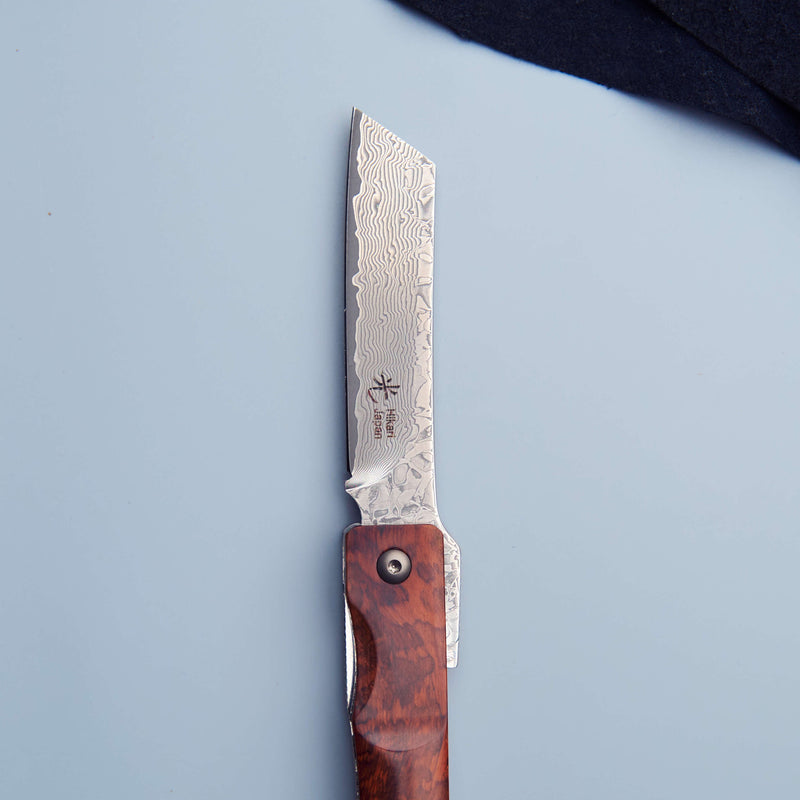 Traditional Japanese Damascus Folding Pocket Knife - Snakewood Handle