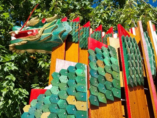 Jia-Chen wood dragon street sculpture on Woolley Street, Canberra, 2024