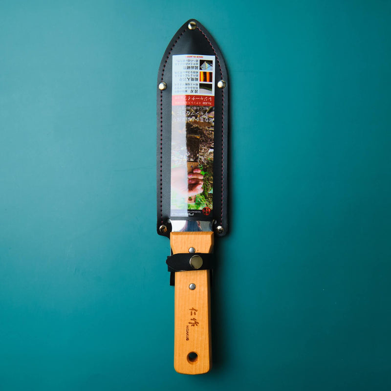 Nisaku Hori Hori Japanese stainless steel garden knife with wooden handle and vinyl sheath