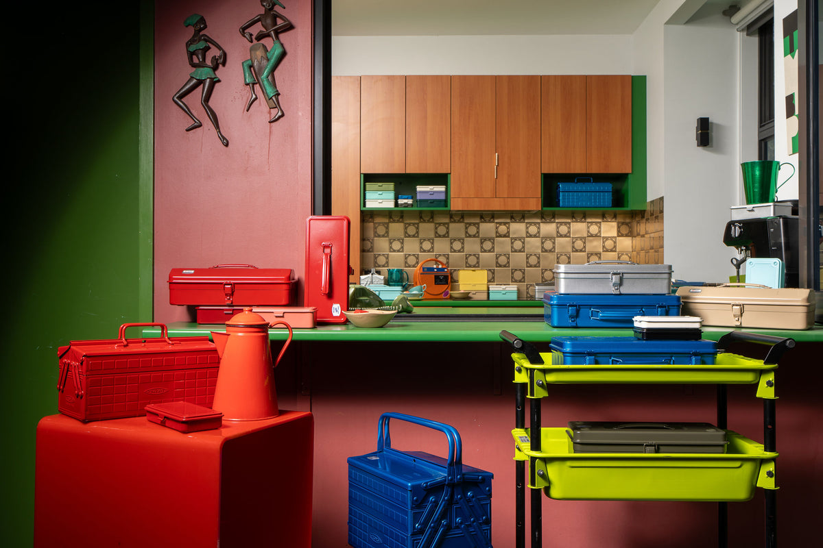 Toyo TWR tool wagon in kimidori green with colourful Toyo toolboxes in a kitchen