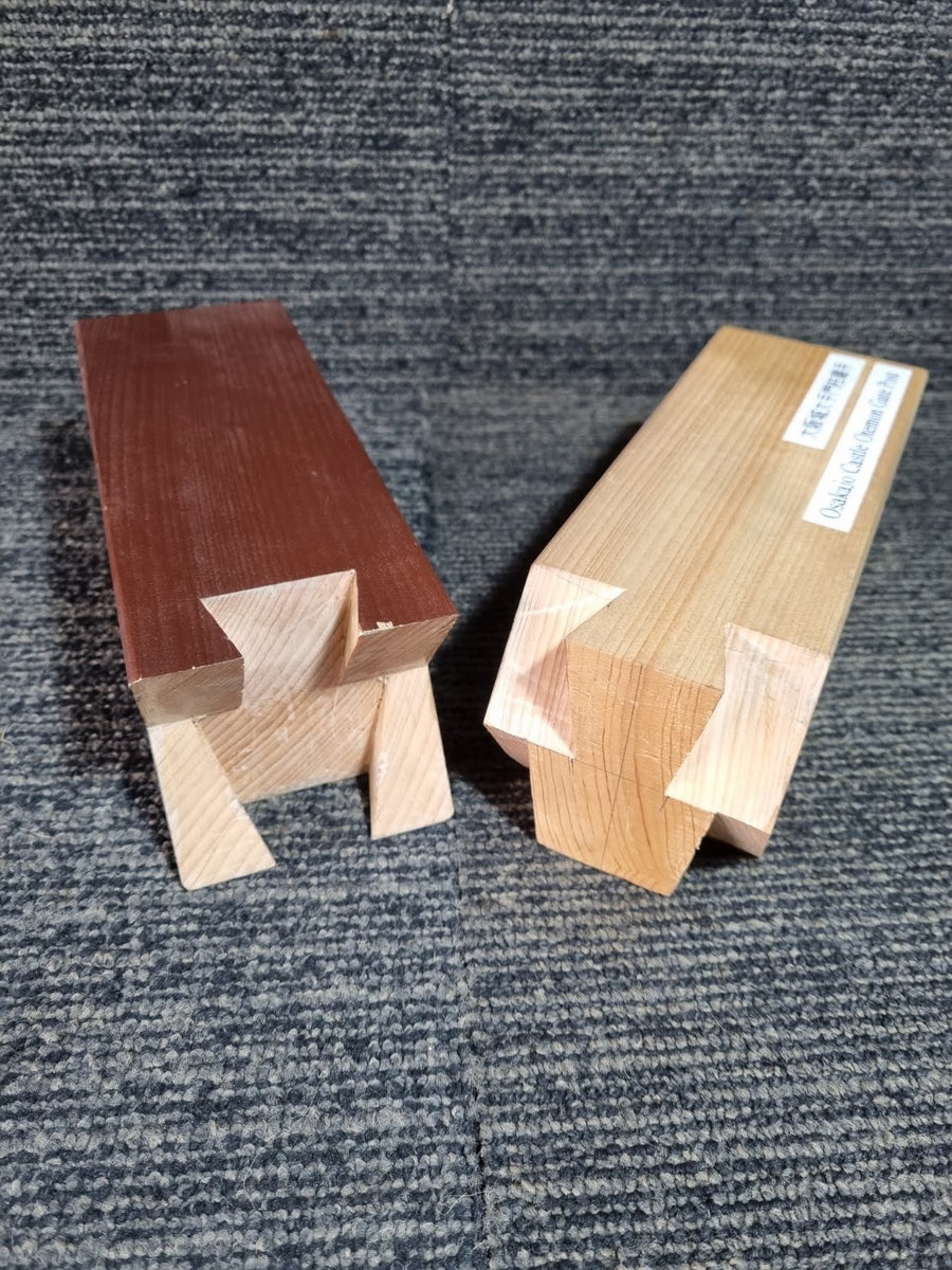Japanese joint in contrasting timbers, pieces separated