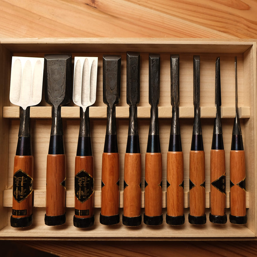 Suminagashi Damascus Bench Chisel Set - Red Oak Handles - Bench Chisels - Japanese Tools Australia