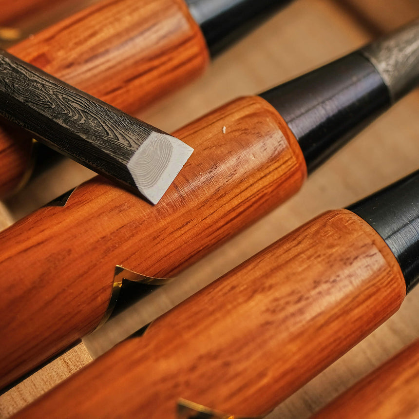 Suminagashi Damascus Bench Chisel Set - Red Oak Handles - Bench Chisels - Japanese Tools Australia