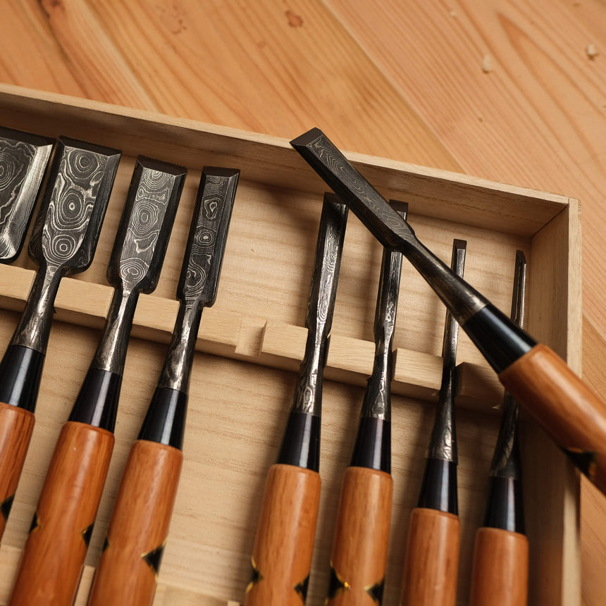 Suminagashi Damascus Bench Chisel Set - Red Oak Handles - Bench Chisels - Japanese Tools Australia