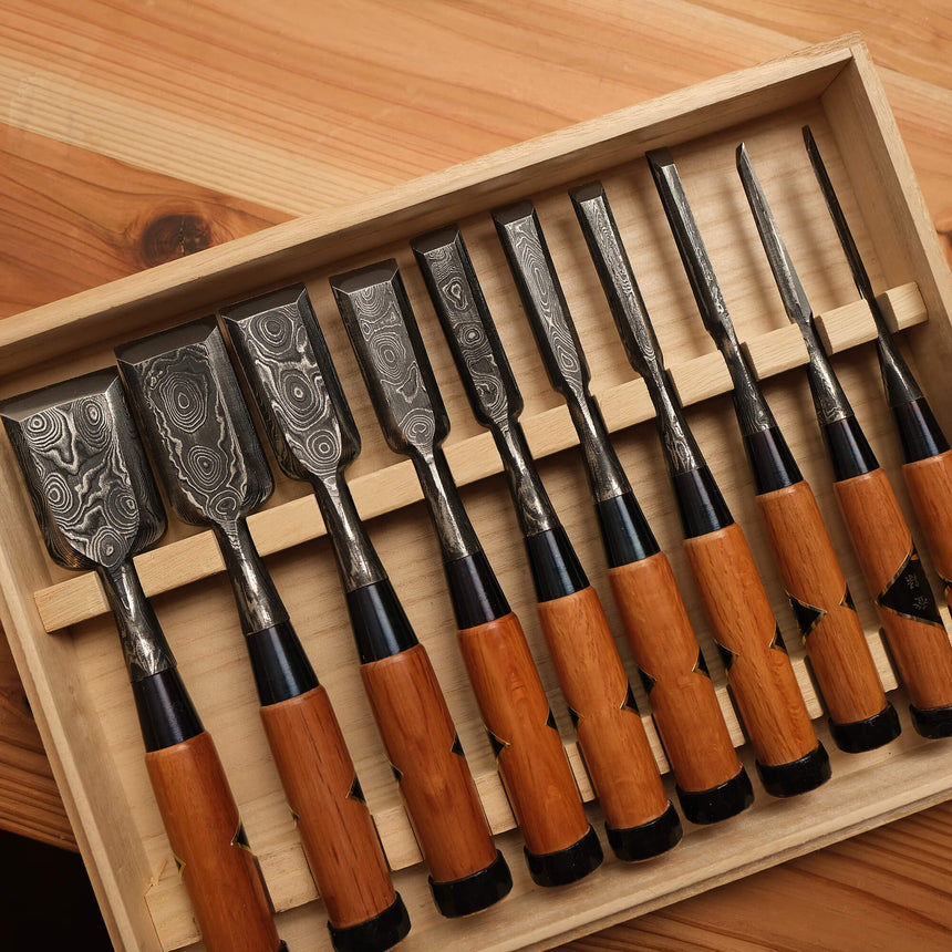 Suminagashi Damascus Bench Chisel Set - Red Oak Handles - Bench Chisels - Japanese Tools Australia