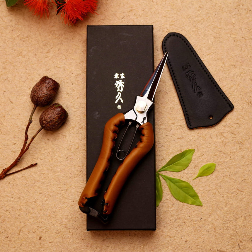 Tan Leather Handled Budding Snips - 200mm - Secateurs - Japanese Tools Australia
