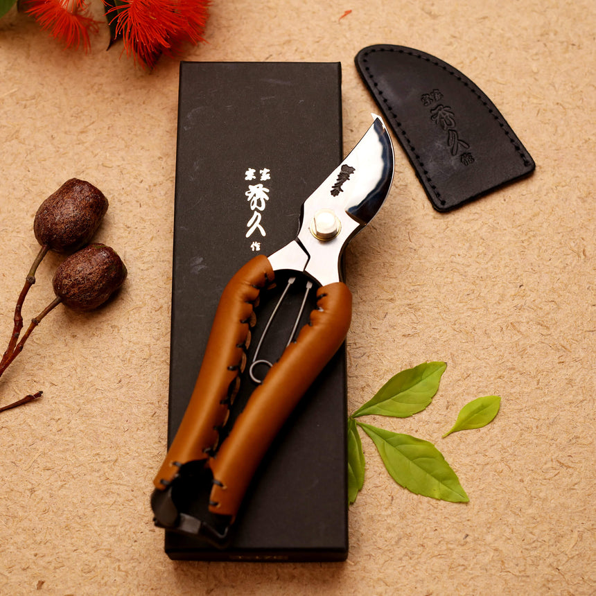Tan Leather Handled Secateurs - 200mm - Secateurs - Japanese Tools Australia