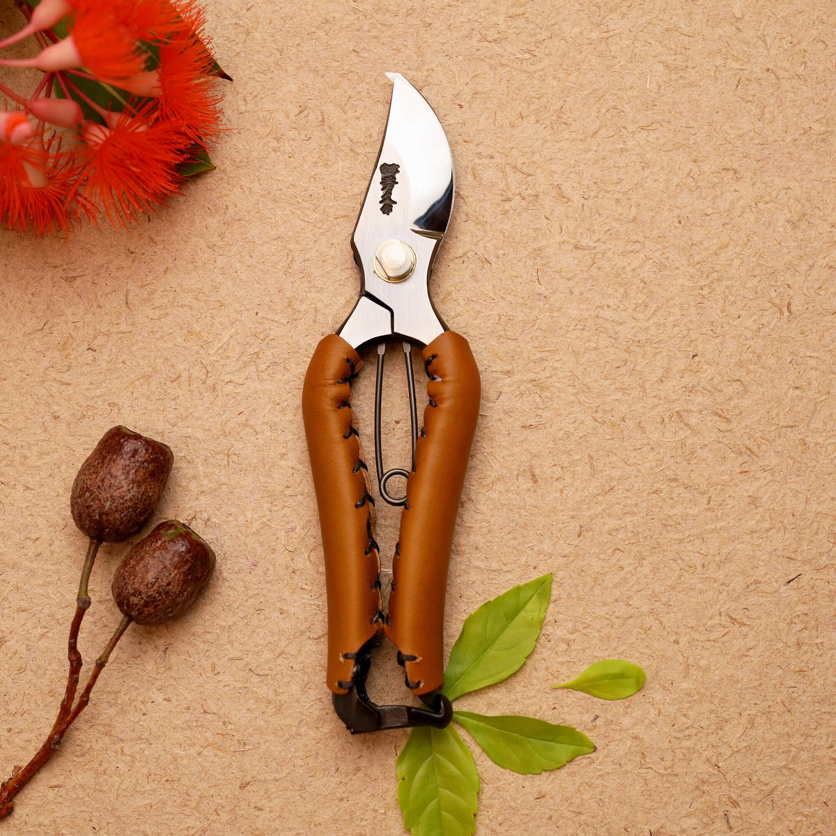 Tan Leather Handled Secateurs 200mm Japanese Tools Australia
